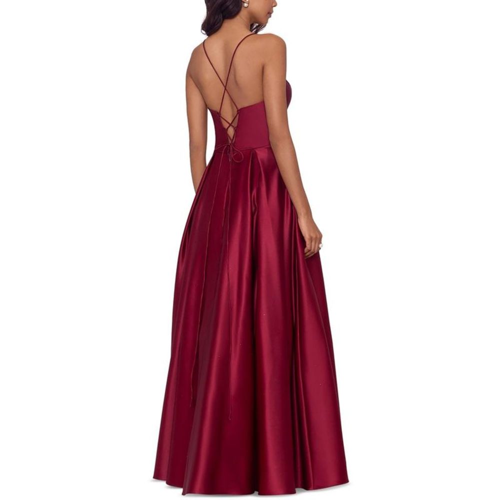Blondie Nites Womens Red Satin Lace-Up Formal Evening Dress Gown Juniors NWT - Picture 2 of 2